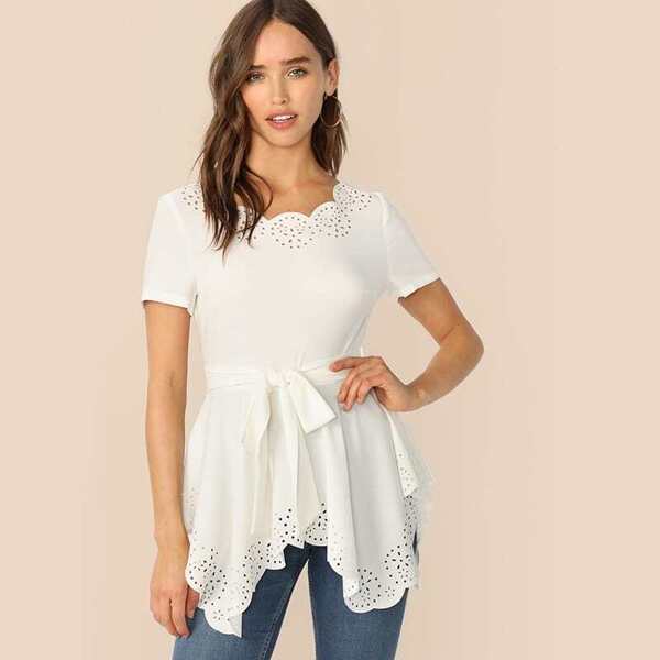 

Scalloped Laser Cut Belted Peplum Top, White