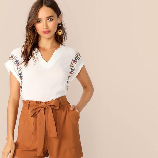 

Cuffed Sleeve Embroidered Crepe Top