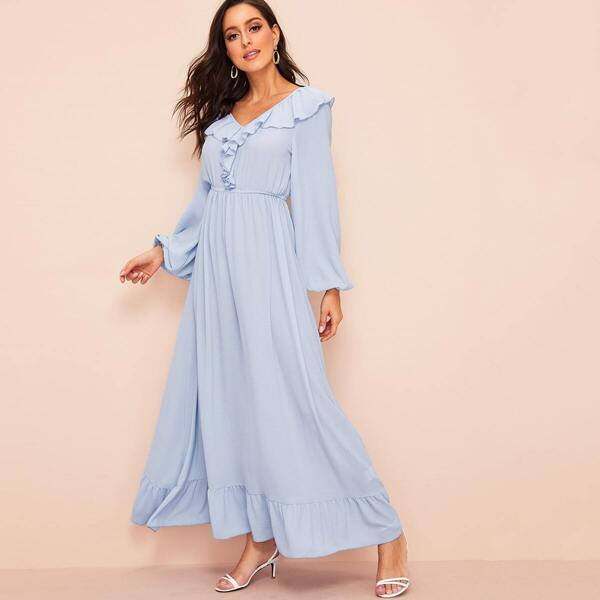

Ruffle Detail Bishop Sleeve Solid Dress, Blue