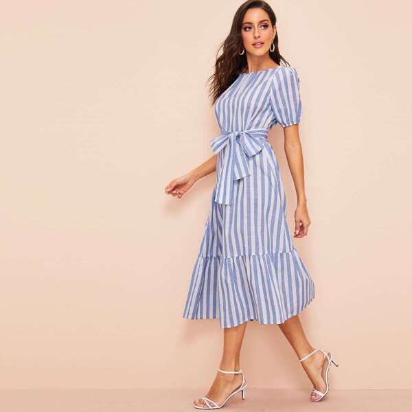 

Pleated Detail Belted Flippy Hem Striped Dress