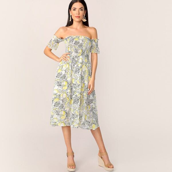 

Off Shoulder Frill Shirred Detail Lemon Print Dress, Multicolor