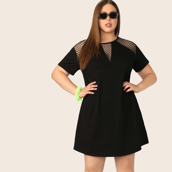 

Plus Cutout Fishnet Detail Tunic Dress, Black