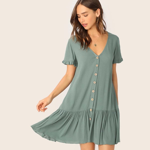

Frilled Cuff Button Front Drop Shoulder Dress, Green