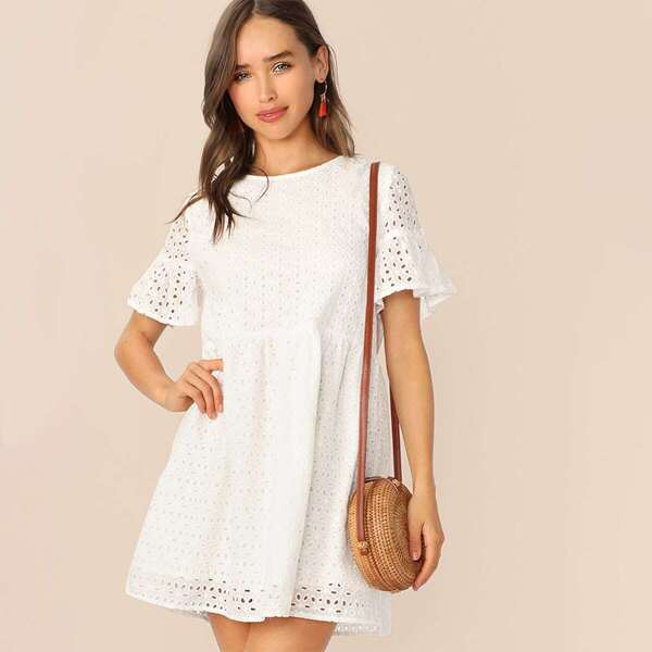 

Flounce Sleeve Solid Schiffy Dress, White