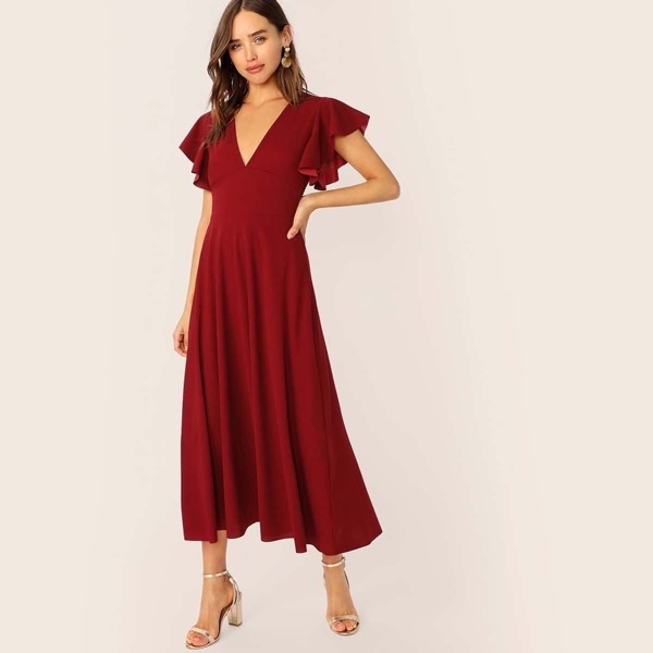 

Plunging Neck Flutter Sleeve Wide Waist Dress