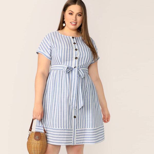 

Plus Button Front Striped Belted Dress