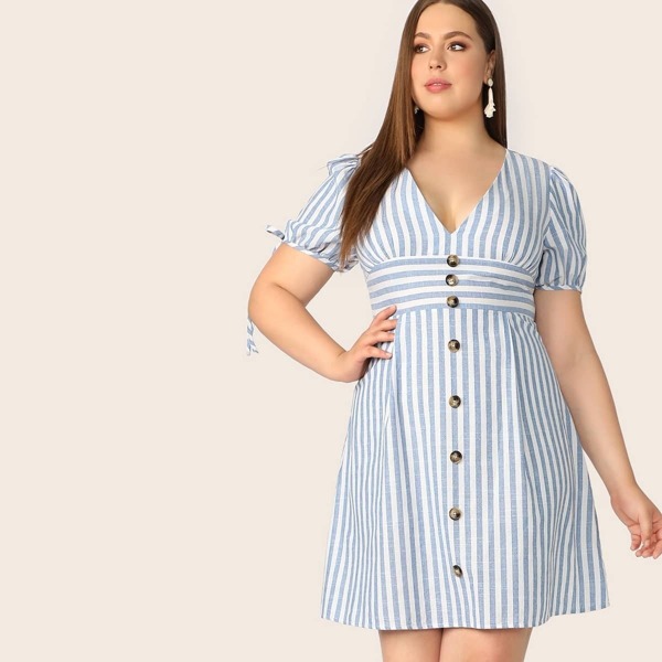 

Plus V Neck Button Front Tied Cuff Striped Dress