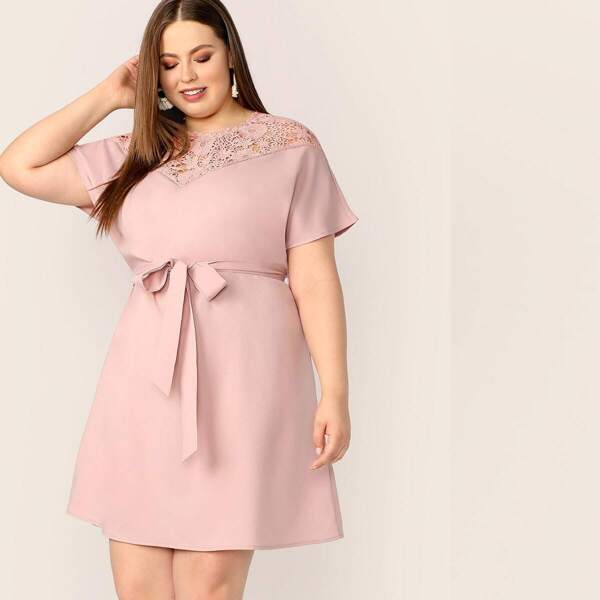 

Plus Guipure Lace Yoke Belted Dress
