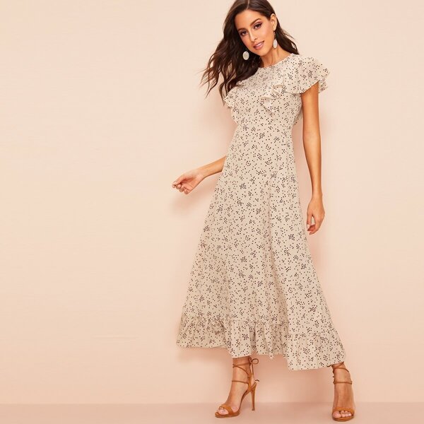 

Ruffle Trim Dot Print Dress, Beige