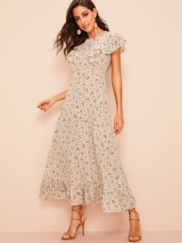 

Ruffle Trim Dot Print Dress, Beige, Mary P.
