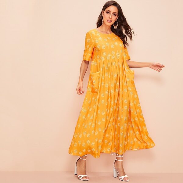 

Ditsy Plants Print Pocket Front Dress, Yellow