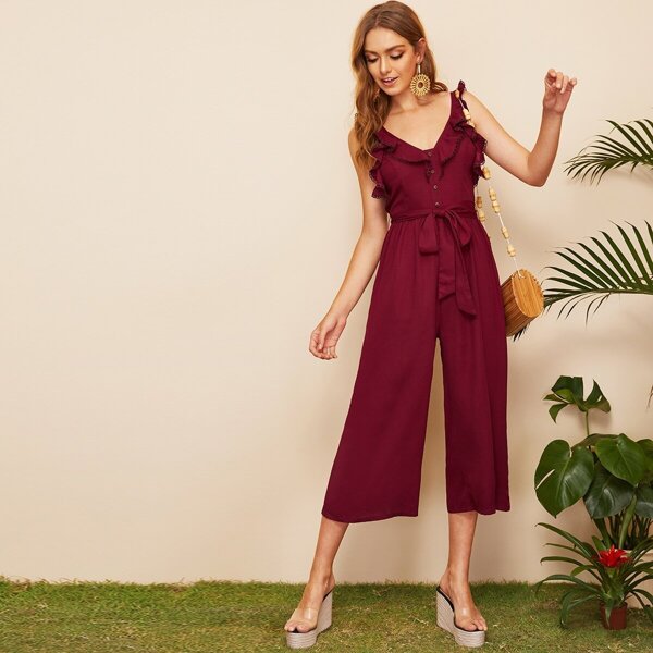

Ruffle Trim Half Placket Wide Leg Jumpsuit With Belt, Burgundy