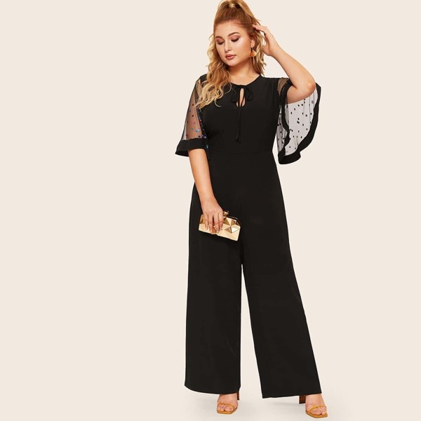 

Plus Tie Neck Sequin Mesh Flutter Sleeve Wide Leg Jumpsuit