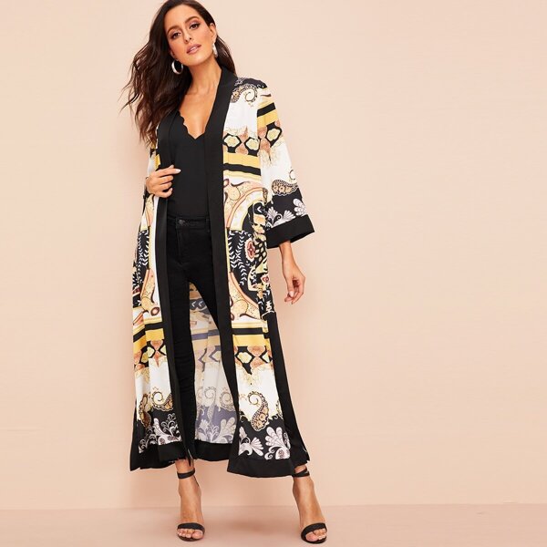 

Contrast Trim Split Side Belted Paisley Kimono, Multicolor
