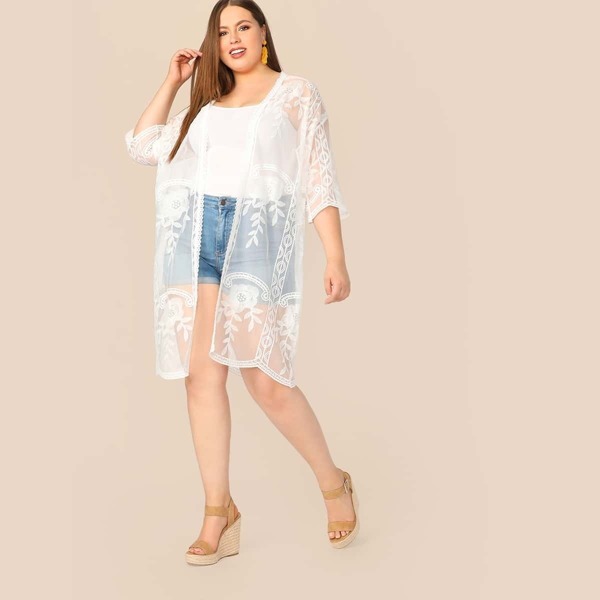 

Plus Embroidered Mesh Sheer Knee Length Kimono