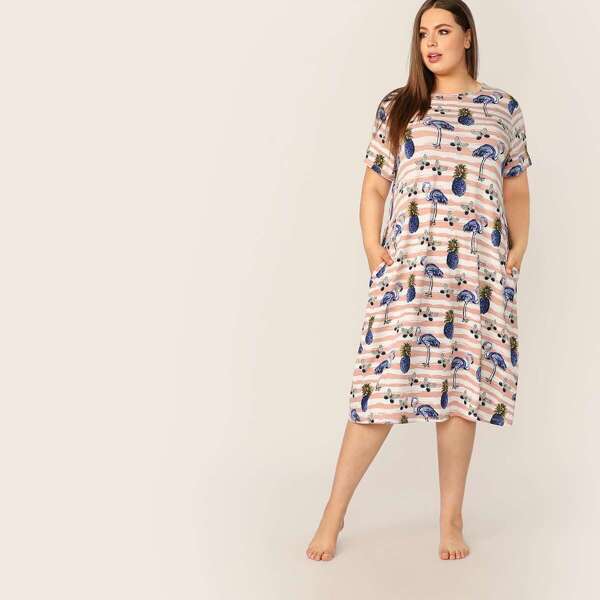 

Plus Slant Pocket Animal & Fruit Print Night Dress