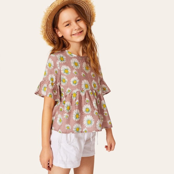 

Girls Keyhole Back Floral Print Peplum Top, Multicolor