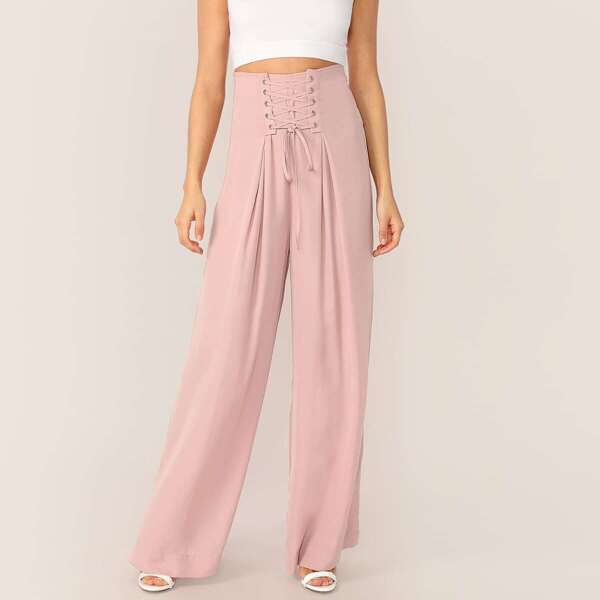 

Lace-up Waist Pleated Wide Leg Pants