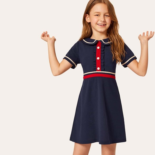 

Girls Buttoned Front Ruffle Trim Striped Tape Detail Dress