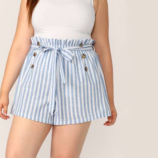 

Plus Paperbag Waist Double Breasted Striped Shorts