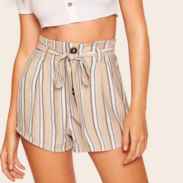 

Button Front Belted Striped Paperbag Shorts