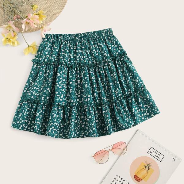 

Ditsy Floral Tiered Flounce Mini Skirt, Dark green