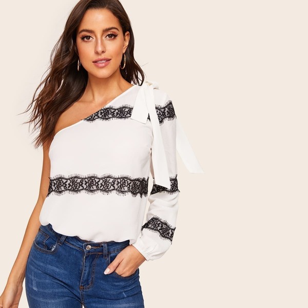 

Lace Panel Bow Tied One Shoulder Top