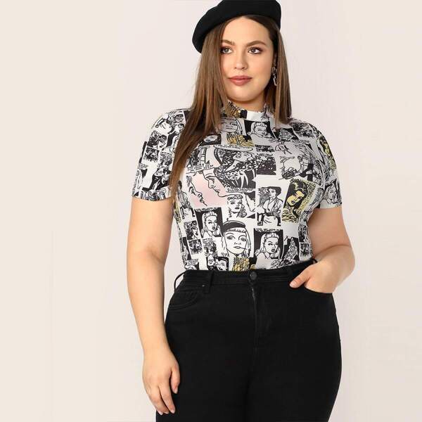 

Plus Mock Neck Figure Print Top, Black and white