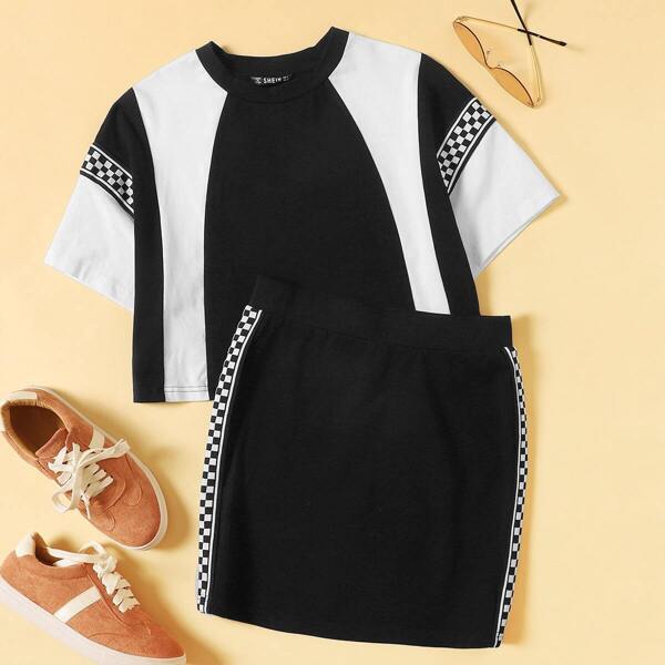 

Plaid Panel Two-tone Top & Skirt Set