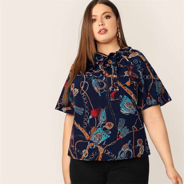 

Plus Tie Neck Raglan Sleeve Chain Print Blouse