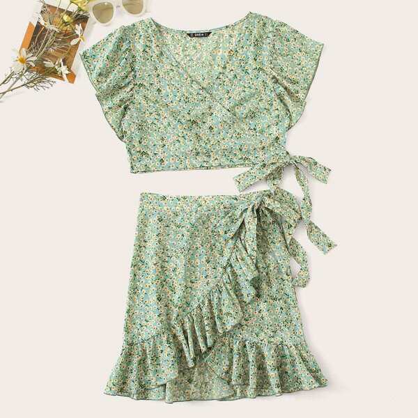 

Ditsy Floral Wrap Top and Tie Side Skirt Set, Green pastel