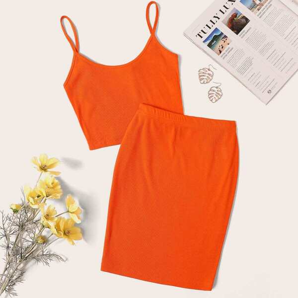 

Neon Orange Ribbed Cami Top & Skirt Set, Orange neon