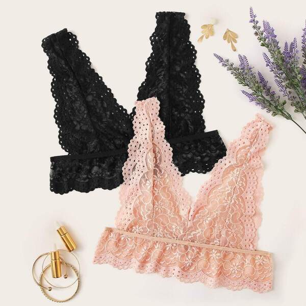 

Scalloped Trim Floral Lace Bralette Set 2pack