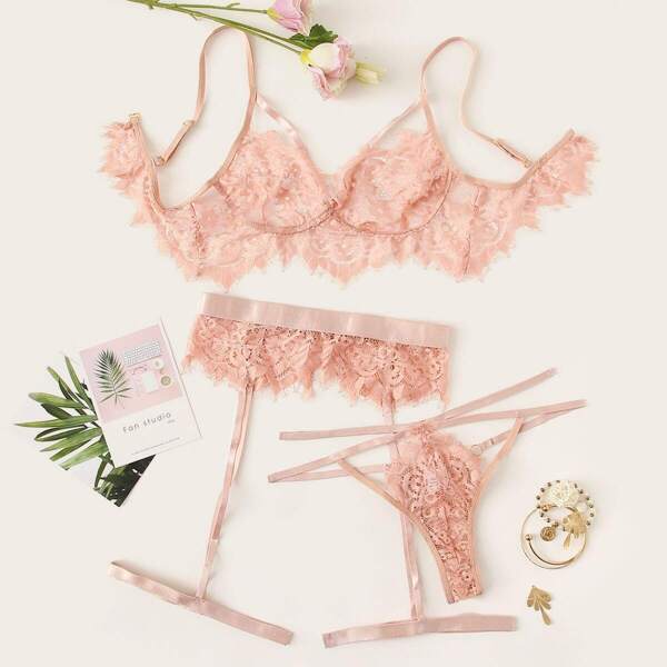 

Harness Eyelash Floral Lace Garter Lingerie Set, Pink
