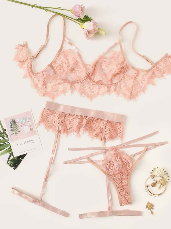 

Harness Eyelash Floral Lace Garter Lingerie Set, Pink