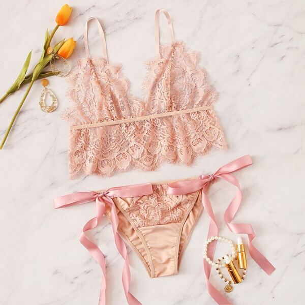 

Eyelash Lace Cami Top With Tie Side Panty
