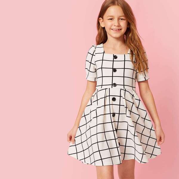 

Girls Button Front Fit & Flare Grid Dress
