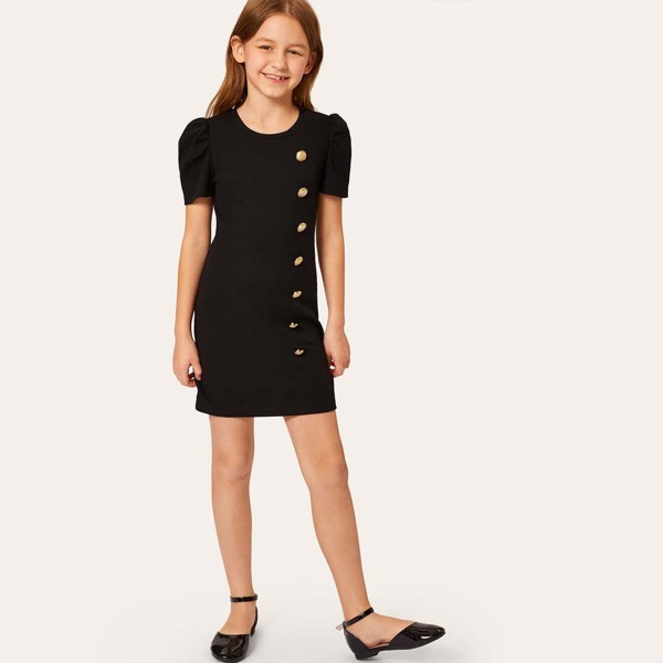 

Girls Button Front Solid Dress