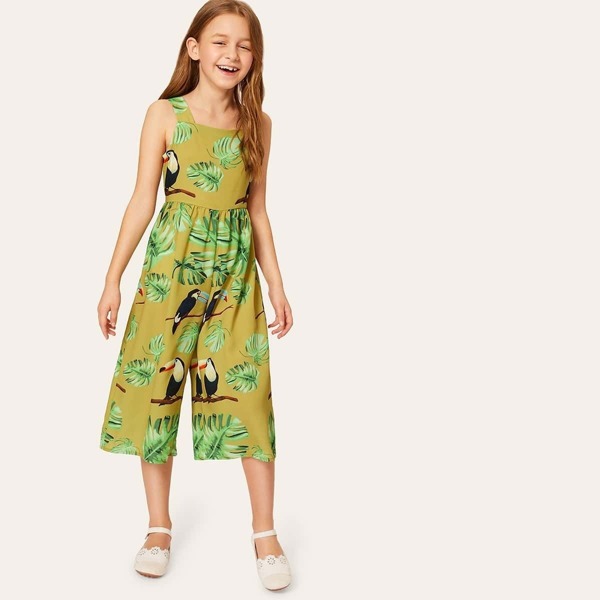 

Girls Hornbill & Tropical Print Jumpsuit