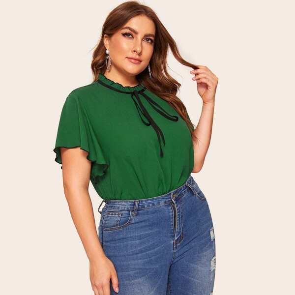 

Plus Tied Frilled Neckline Flutter Sleeve Top