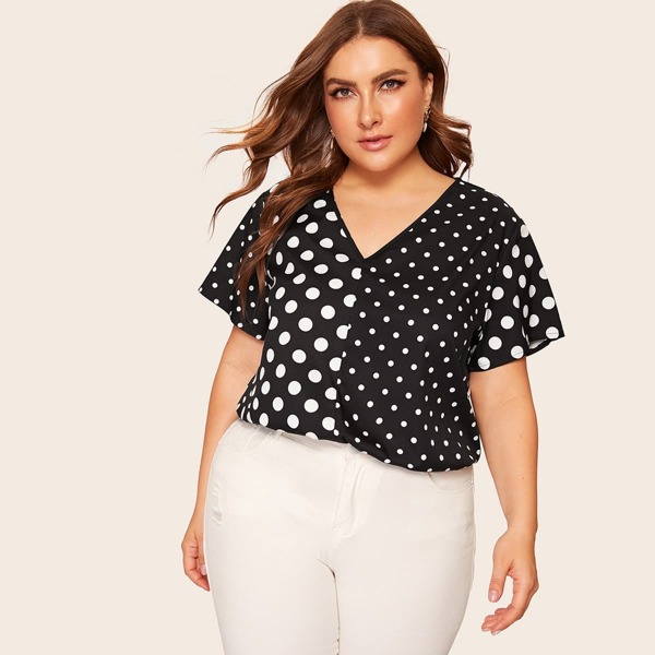 

Plus V Neck Polka-dot Print Top