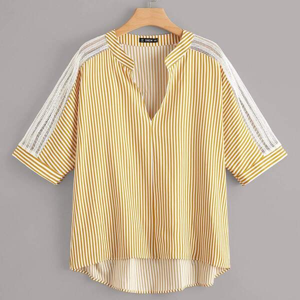 

Plus High Low Hem Lace Insert Striped Top