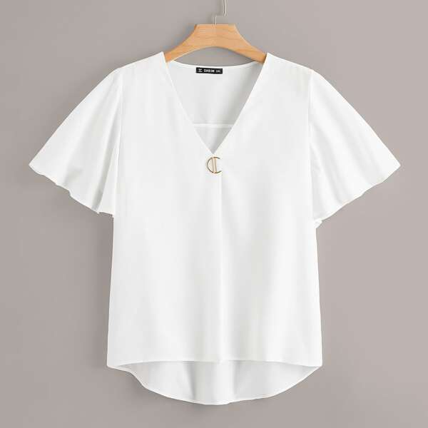 

Plus Flutter Sleeve High Low Hem Solid Top