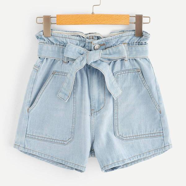 

Plus Paperbag Waist Pocket Patch Denim Shorts