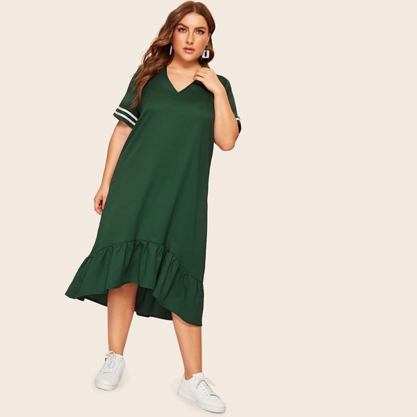 

Plus V Neck Ruffle Hem Striped Cuff Dress, Green