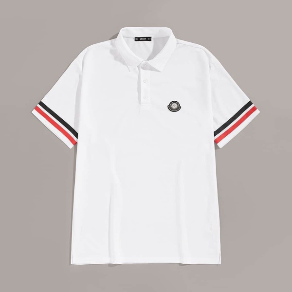 

Men Striped Cuff Button Half-placket Polo Shirt