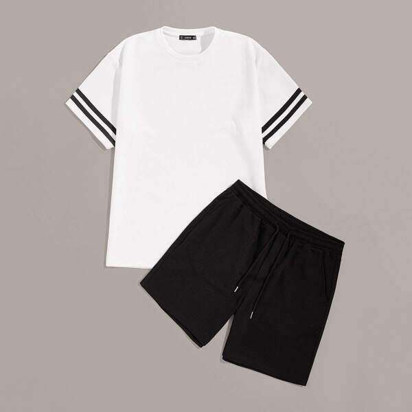 

Men Striped Cuff Top & Drawstring Waist Shorts Set, Black and white