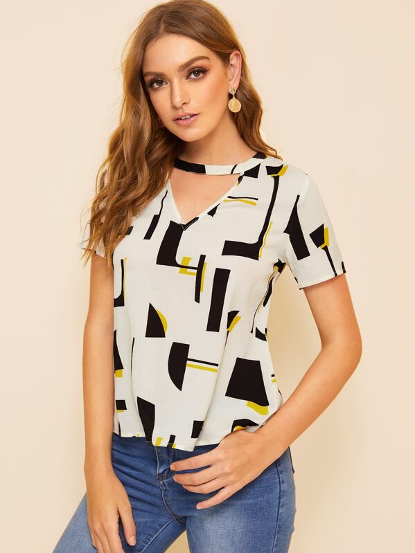 

Choker Neck Chiffon Geo Blouse, Multicolor, Luiza