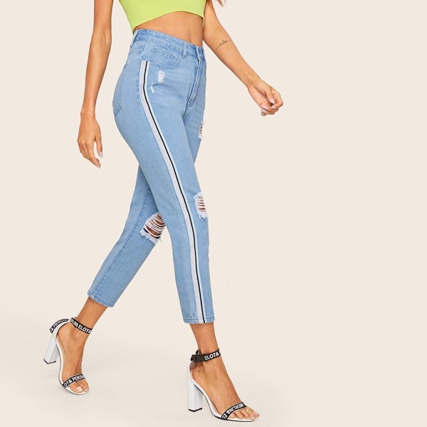

Ripped Detail Side Striped Tape Mom Jeans