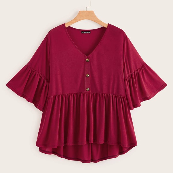 

Plus V Neck Button Front Ruffle Hem Solid Tee, Burgundy